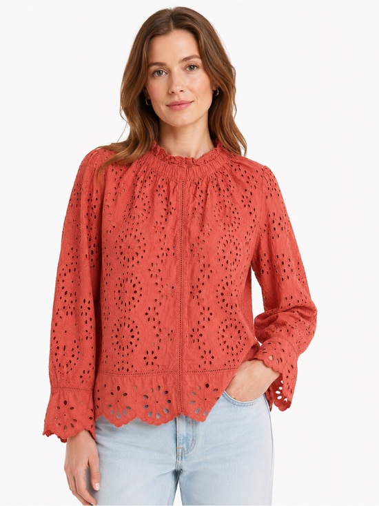 Jennifer & Grace Tops - Anthropologie M Eyelet Broderie Button Back Blouse Coral Boho Ruffle Feminine